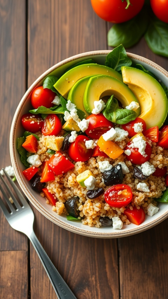 A colorful quinoa bowl with roasted vegetables, spinach, avocado, and feta cheese, presented on a wooden table.
